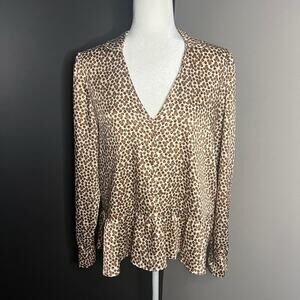 NWT Emme Marella Woman’s Brown White Print Long Sleeve V Neck Blouse- Size 46/10